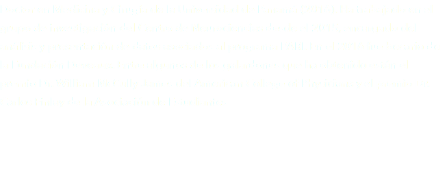 Doctor en Medicina y Cirugía de la Universidad de Panamá (2016). Ha trabajado en el grupo de investigación del Centro de Neurociencias desde el 2015, encargado del análisis y presentación de datos asociados al programa PARI. En el 2016 fue becario de la Fundación Deveaux. Entre algunos de los galardones que ha obtenido están el premio Dr. William McCully James del American College of Physicians y el premio Dr. Carlos Finlay de la Asociación de Estudiantes 